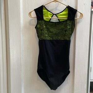 Lime green and black lace leotard bodysuit